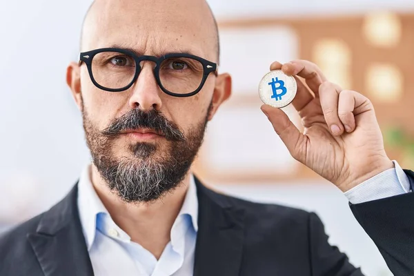 Young Hispanic Business Man Holding Virtual Currency Bitcoin Thinking Attitude — Stock Photo, Image