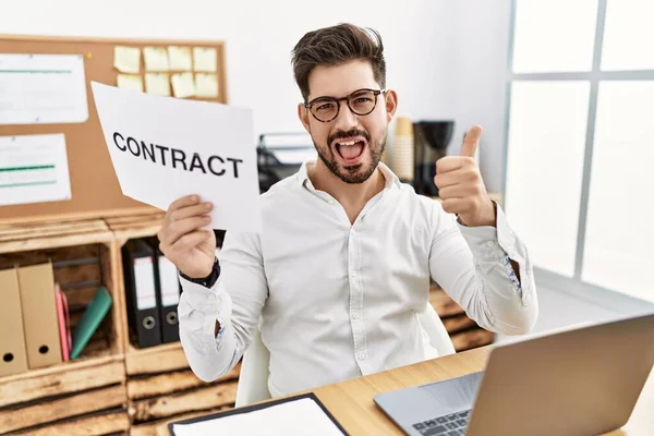 Young Man Beard Holding Contract Paper Office Smiling Happy Positive — Fotografia de Stock