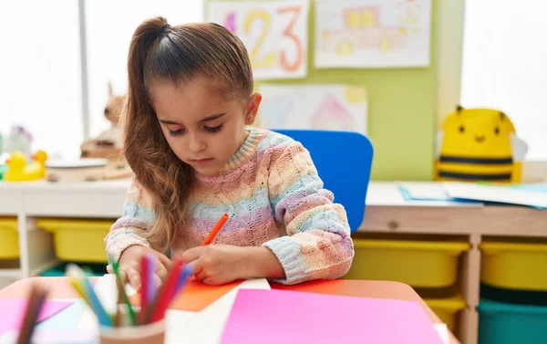 Adorable Hispanic Girl Student Sitting Table Drawing Paper Kindergarten — Stock Photo, Image