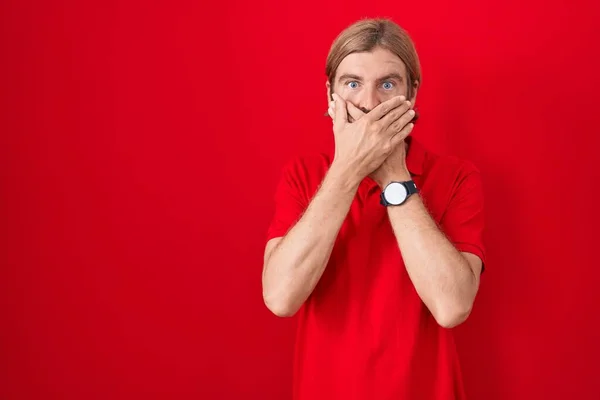 Caucasian Man Mustache Standing Red Background Shocked Covering Mouth Hands — Photo