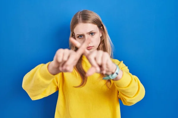 Young Caucasian Woman Standing Blue Background Rejection Expression Crossing Fingers — Stock Photo, Image