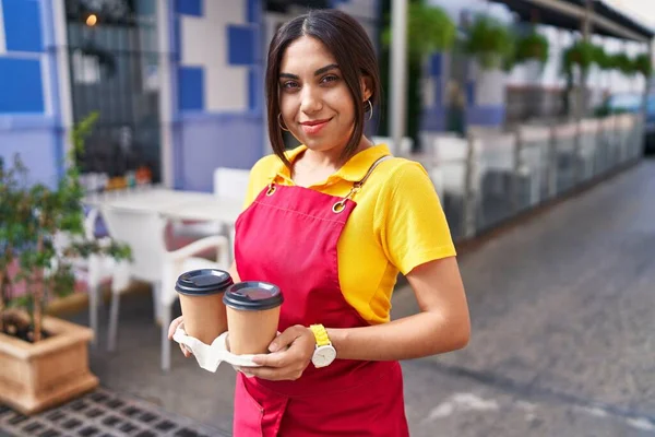 Young Beautiful Arab Woman Waitress Smiling Confident Holding Take Away — Foto Stock