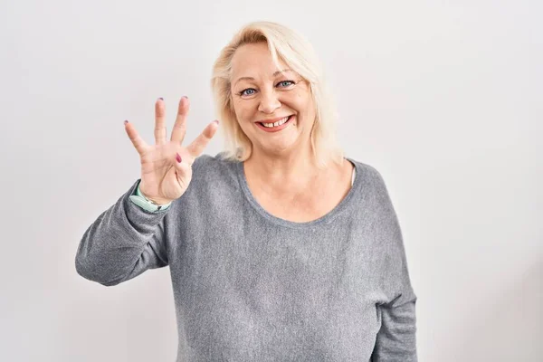 Middle Age Caucasian Woman Standing White Background Showing Pointing Fingers — Fotografia de Stock
