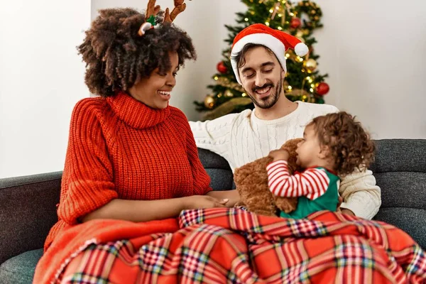Couple Daughter Playing Teddy Bear Sitting Christmas Tree Home — Photo