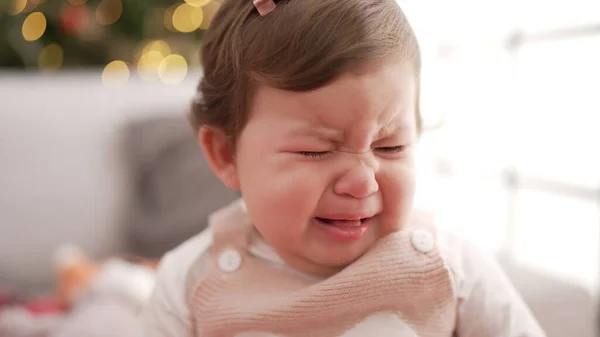 Adorable Toddler Standing Christmas Tree Crying Home — Stock Photo, Image