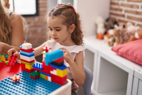 Adorable Caucasian Girl Playing Construction Blocks Sitting Table Classroom — Stock Photo, Image
