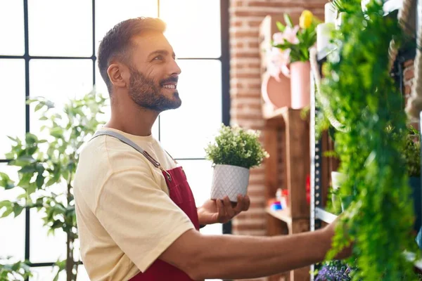 Young Hispanic Man Florist Smiling Confident Holding Plant Florist — Stock Photo, Image