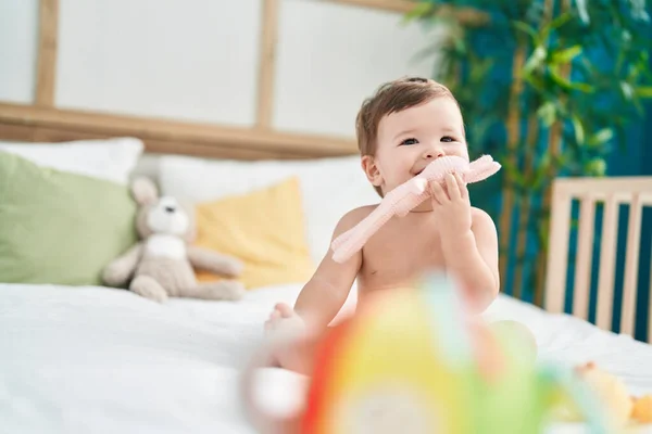 Adorable Caucasian Baby Sucking Toy Sitting Bed Bedroom — Stock Photo, Image