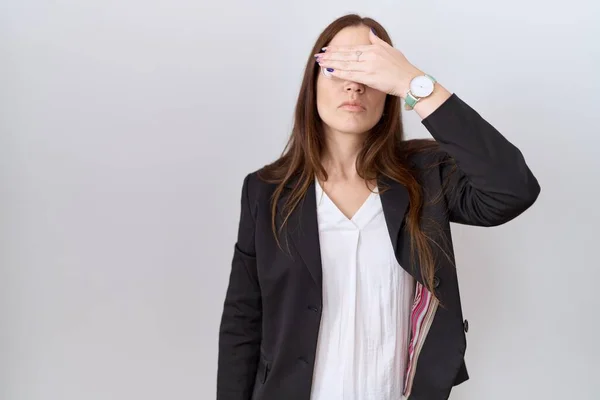 Beautiful Brunette Woman Wearing Business Jacket Glasses Covering Eyes Hand — Stockfoto