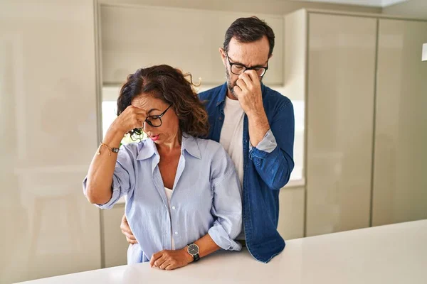 Middle Age Couple Standing Together Tired Rubbing Nose Eyes Feeling — Stockfoto