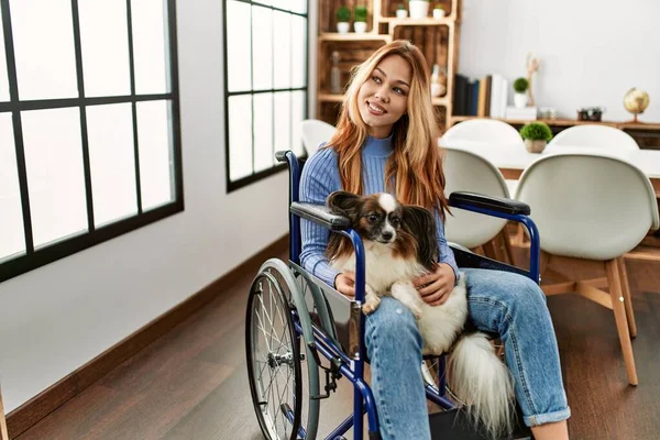 Young Caucasian Woman Sitting Wheelchair Touching Dog Home — Photo