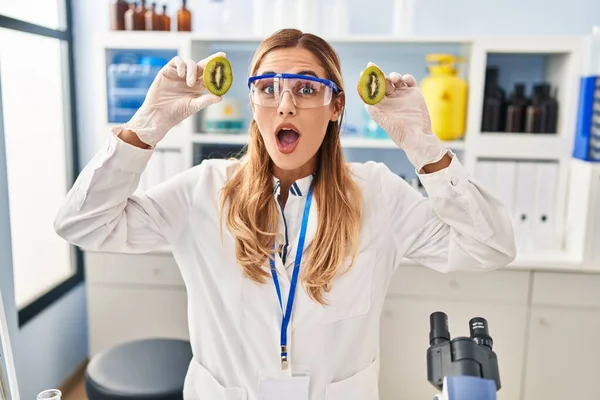Young Blonde Scientist Woman Working Food Laboratory Celebrating Crazy Amazed — 图库照片