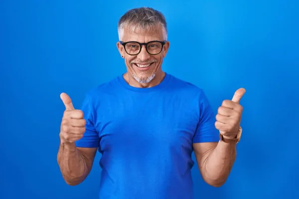 Hispanic Man Grey Hair Standing Blue Background Success Sign Doing — 스톡 사진