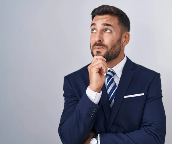 Handsome Hispanic Man Wearing Suit Tie Hand Chin Thinking Question — Foto de Stock