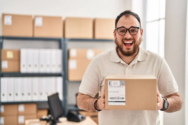 Size Hispanic Man Beard Working Small Business Ecommerce Smiling Laughing — Foto de Stock