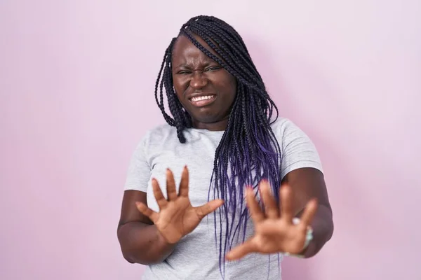 Young African Woman Standing Pink Background Disgusted Expression Displeased Fearful — Fotografia de Stock