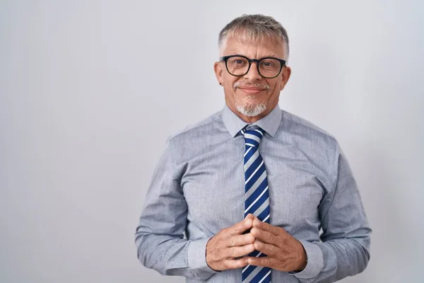 Hispanic Business Man Grey Hair Wearing Glasses Hands Together Fingers — Stockfoto