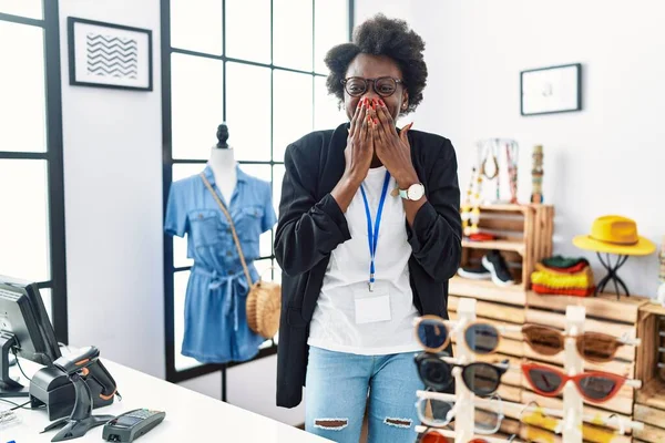 African Young Woman Working Manager Retail Boutique Laughing Embarrassed Giggle — Stock Photo, Image