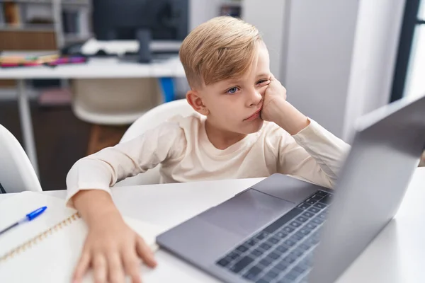 Adorable Toddler Student Boring Using Laptop Sitting Table Classroom — Stock Photo, Image