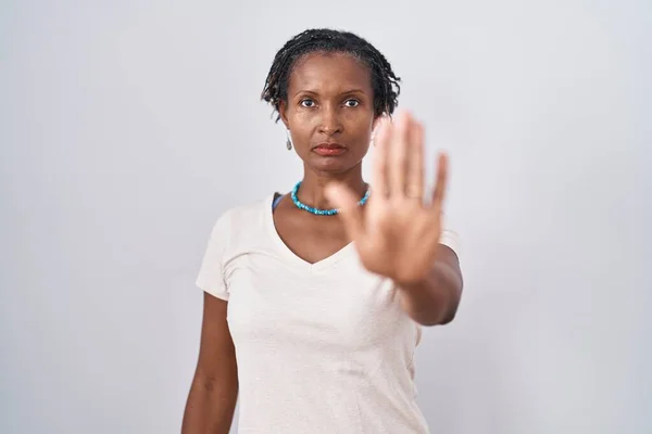 African Woman Dreadlocks Standing White Background Doing Stop Sing Palm — Fotografia de Stock