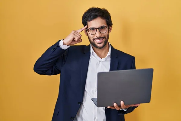 Handsome Latin Man Working Using Computer Laptop Smiling Pointing Head — Stock Photo, Image