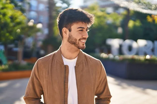 Young Hispanic Man Smiling Confident Looking Side Park — Stock Photo, Image