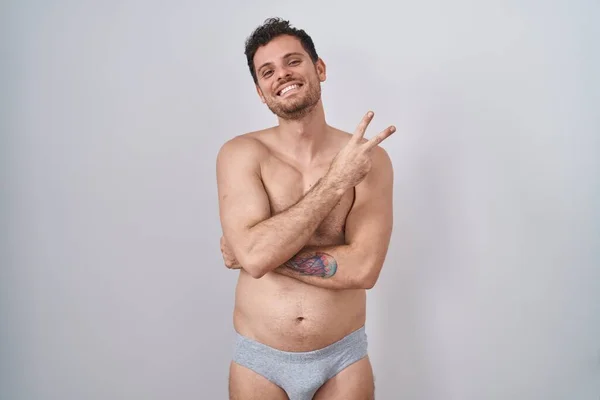 Young Hispanic Man Standing Shirtless Wearing Underware Smiling Happy Face — Photo