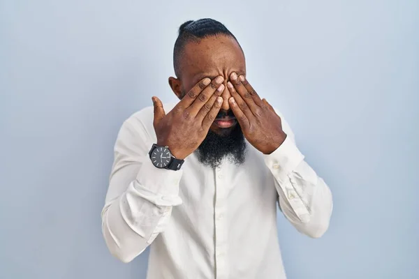 African American Man Standing Blue Background Rubbing Eyes Fatigue Headache — Stok fotoğraf