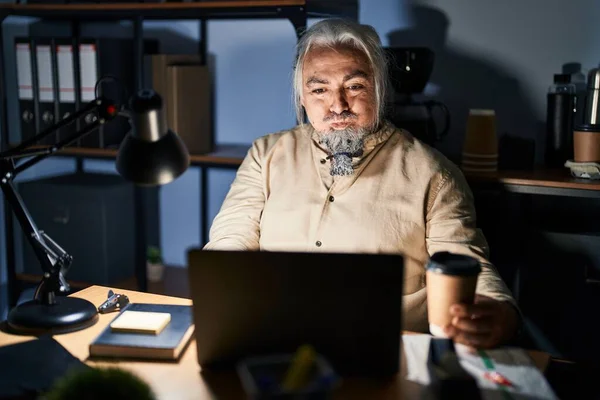 Middle Age Man Grey Hair Working Office Night Puffing Cheeks — Photo