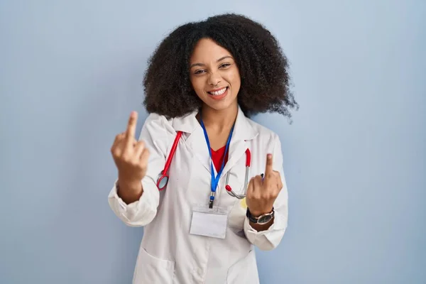 Young African American Woman Wearing Doctor Uniform Stethoscope Showing Middle — Photo