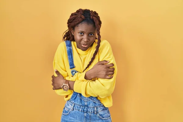 African Woman Standing Yellow Background Shaking Freezing Winter Cold Sad — Stockfoto