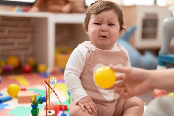 Adorable Toddler Sitting Floor Looking Ball Crying Kindergarten — Stock Photo, Image