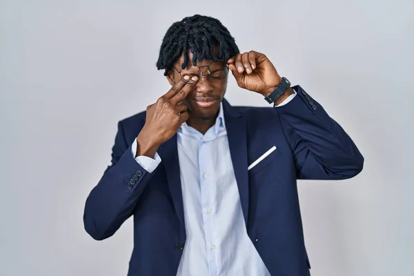 Young African Man Dreadlocks Wearing Business Jacket White Background Rubbing — Stock Photo, Image