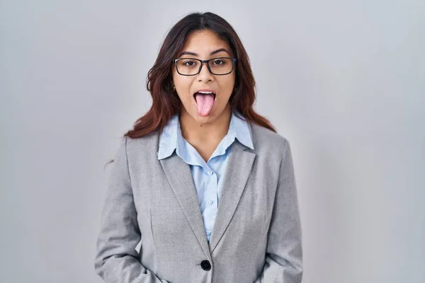 Hispanic Young Business Woman Wearing Glasses Sticking Tongue Out Happy — Fotografia de Stock