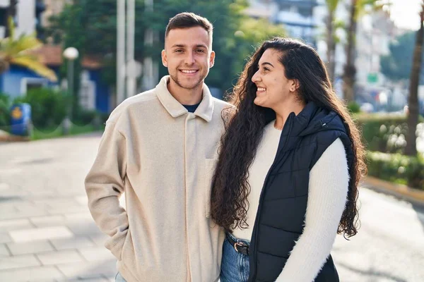 Man Woman Couple Smiling Confident Standing Together Park —  Fotos de Stock