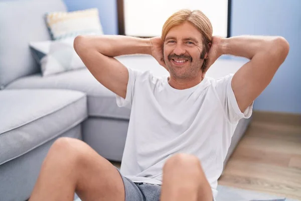 Young Blond Man Smiling Confident Training Abs Exercise Home — Fotografia de Stock