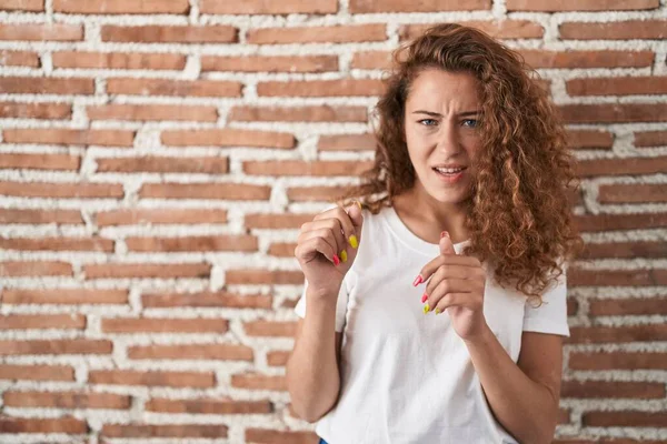 Young Caucasian Woman Standing Bricks Wall Background Disgusted Expression Displeased — Φωτογραφία Αρχείου