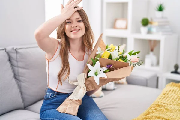 Caucasian Woman Holding Bouquet White Flowers Stressed Frustrated Hand Head — Foto de Stock