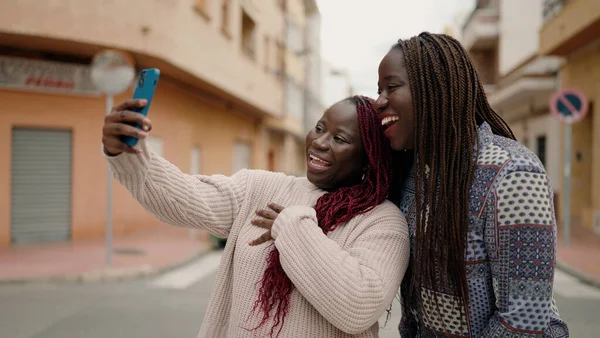 Two African American Friends Smiling Confident Having Video Call Street — Stock fotografie