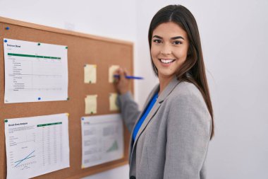 Genç, güzel, İspanyol bir iş adamı ofisteki mantar tahtaya yazı yazıyor.