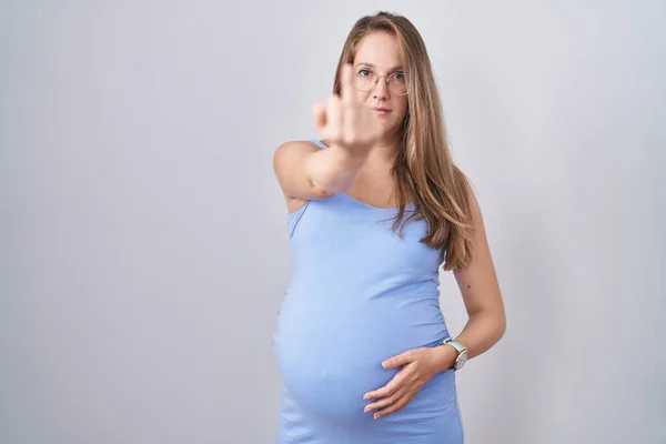 Young Pregnant Woman Standing White Background Showing Middle Finger Impolite — Stock Photo, Image