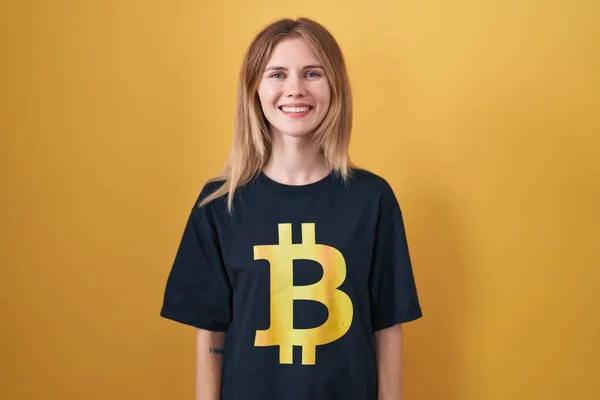 Blonde Caucasian Woman Wearing Bitcoin Shirt Happy Cool Smile Face — Foto Stock