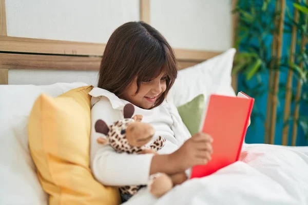 Adorable Hispanic Girl Reading Book Sitting Bed Bedroom — Stock Photo, Image