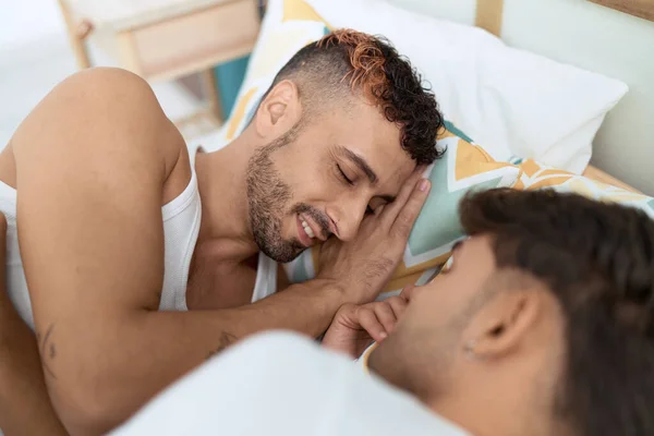 Two Hispanic Men Couple Lying Bed Sleeping Bedroom — Stockfoto