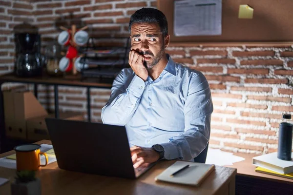 Hispanic Man Beard Working Office Night Looking Stressed Nervous Hands — Fotografia de Stock