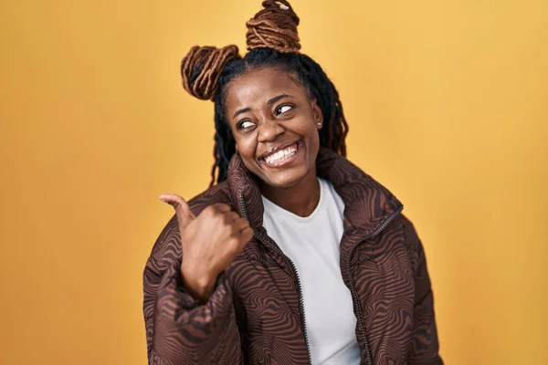 African Woman Braided Hair Standing Yellow Background Smiling Happy Face — ストック写真