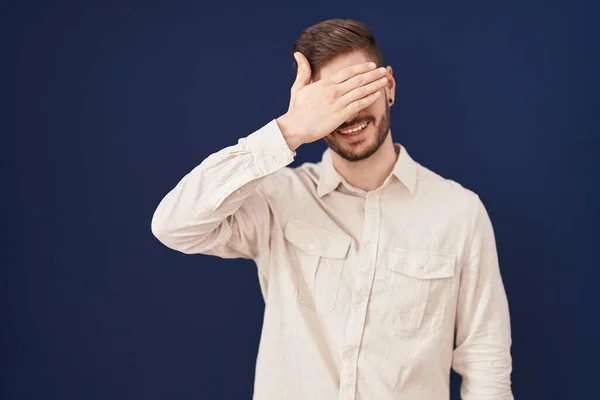 Hispanic Man Beard Standing Blue Background Smiling Laughing Hand Face — Fotografia de Stock