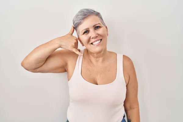 Middle Age Caucasian Woman Standing White Background Smiling Doing Phone — Stock Photo, Image