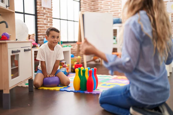 Adorable Hispanic Toddler Sitting Floor Having Lesson Kindergarten — Stock Photo, Image