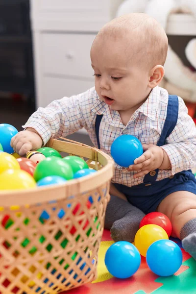Adorable Caucasian Baby Playing Balls Sitting Floor Kindergarten — Stock Photo, Image